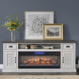 Bayside Furnishings Ashlyn 74 inch electric fireplace TV console, antique white with gray top – shown with the interchangeable wood door panels (stock photo)