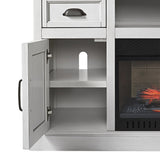 Bayside Furnishings Ashlyn 74 inch electric fireplace TV console, antique white with gray top – side cabinet with door open and adjustable shelf (stock photo)