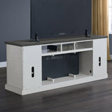 Bayside Furnishings Ashlyn 74 inch electric fireplace TV console, antique white with gray top – back view with cord management cutouts (stock photo)