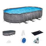 Bestway Platinum Series Power Steel 20 x 12 ft x 48 in oval above ground pool set – pool and included accessories: cover, ladder, solar heater, sand filter pump, chlorine dispenser (stock photo)