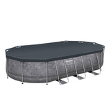 Bestway Platinum Series Power Steel 20 x 12 ft x 48 in oval above ground pool set – with the included pool cover on (stock photo)