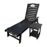Black chaise lounge chair and matching black side table (1 lounger + 1 table) – real photo
