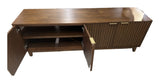 Bayside Furnishings Colin 72" accent console in walnut finish with fluted doors – real photo of this unit, doors open showing adjustable shelves, on white