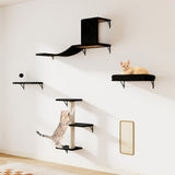 5-piece wall-mounted cat shelves set – black, lifestyle wall setup with cat house and bridge