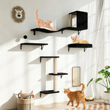 5-piece wall-mounted cat shelves set – black, cat house with bridge and perches