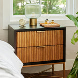 Black Marina Nightstand – Mahogany Wood with Gold Hardware, Felt-Lined Drawer, Dovetail Construction, Modern Bedside Table
