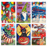 All-season garden flag set – 6 seasonal garden flags (summer, gnome, snowman, patriotic, Halloween, harvest) on white