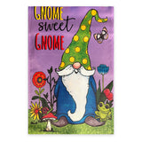Gnome Sweet Gnome garden flag – gnome with polka-dot hat, flowers and frog