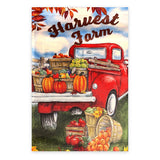 Harvest Farm fall garden flag – red farm truck with pumpkins and baskets