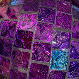 Alpine purple embossed tile glass mosaic gazing globe – close-up of the embossed purple and blue glass tiles