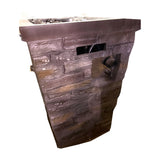Alpine stone look column fire pit – side view of the control panel with push-button ignition and flame knob, real photo on white