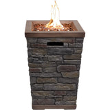 Alpine stone look column propane fire pit – lit flame, product view on white