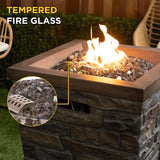 Alpine stone look column fire pit – tempered fire glass detail