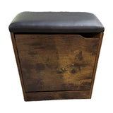 Rustic brown shoe storage cabinet with 3 flip drawers and matching shoe bench – real photo of the shoe bench with cushioned seat, on white