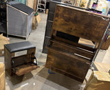 Rustic brown shoe storage cabinet with 3 flip drawers and matching shoe bench – real photo of both pieces with drawers open