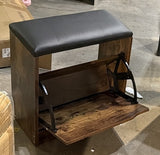Rustic brown shoe storage cabinet with 3 flip drawers and matching shoe bench – real photo, bench flip drawer open