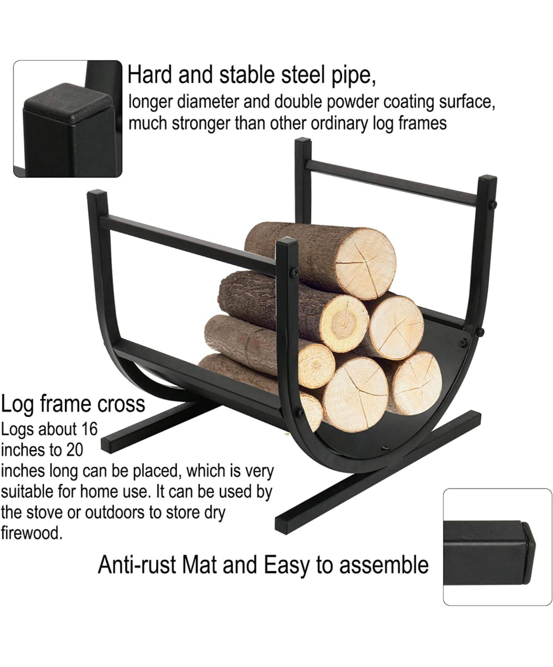 Fireplace Log Holder Firewood Rack 17 Inch Heavy Duty Small Cast Iron Firewood Log Rack Bin for Patio Deck Fireplace Indoor/Outdoor with Scrolls for Log Wood Lumber Kindling Black