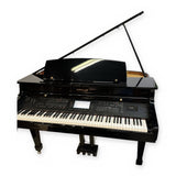 Kohler digital grand piano in polished ebony with lid open – front view on white