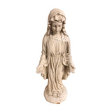 Alpine Virgin Mary garden statue, antique white, open arms – real photo, front