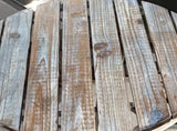 Alpine weathered wood blue and white bistro table with 1 chair – weathered wood tabletop detail