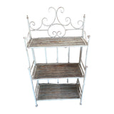 Alpine MZP614 white scrolled 3-tier metal garden plant rack with rustic wood-look shelves – front view on white