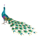 Jumbo blue and green metal peacock statue with jewel eyes – front-side view