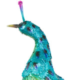 Close-up of peacock statue head, crest and scale-like metal neck feathers