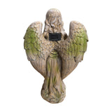 Alpine solar LED old world angel statue with mossy aged finish – real photo, back with solar panel