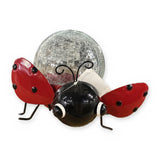 Solar ladybug garden statue with crackle glass globe – front angle view on white