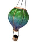 Alpine solar hot air balloon lantern, green-to-blue with copper ribs, hanging chains and copper woven-look basket – real photo on white