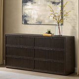 Henredon Ryland 71" 6-drawer dresser, walnut finish with fluted drawer fronts – bedroom lifestyle view (stock)