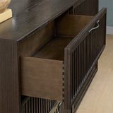 Henredon Ryland 71" 6-drawer dresser, walnut finish with fluted drawer fronts – open drawer with dovetail joinery (stock)