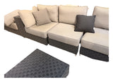 Sirio Soho modular outdoor sectional, charcoal woven resin wicker with taupe Sunbrella cushions – real photo of our set: corner, armless and club pieces plus ottoman, on white