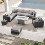 Sirio Soho modular outdoor sectional, charcoal woven resin wicker with taupe Sunbrella cushions – sectional layout on a patio (stock photo; fire table sold separately)