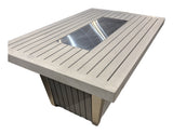 Sirio Soho rectangular propane fire pit table in gray – real photo of this table, angled view with burner lid on, on white