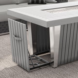 Sirio Soho rectangular propane fire pit table in gray – swing-out slatted door and slide-out tank tray (stock photo)