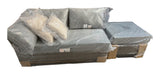 OVE Decors Torrance outdoor wicker arm loveseat and ottoman, gray cushions – real photo of this set, front view, still in plastic, on white
