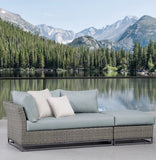 OVE Decors Torrance outdoor wicker arm loveseat and ottoman, gray cushions – shown set up outdoors (stock photo; cushion color may look different on screen)