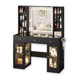 Black vanity desk with lighted mirror, glass top, 3 drawers, side shelves and 2 lit glass cabinets – front view on white (manufacturer image)