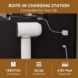Black vanity desk – built-in charging station with outlets and USB ports, hair dryer rack (manufacturer image)