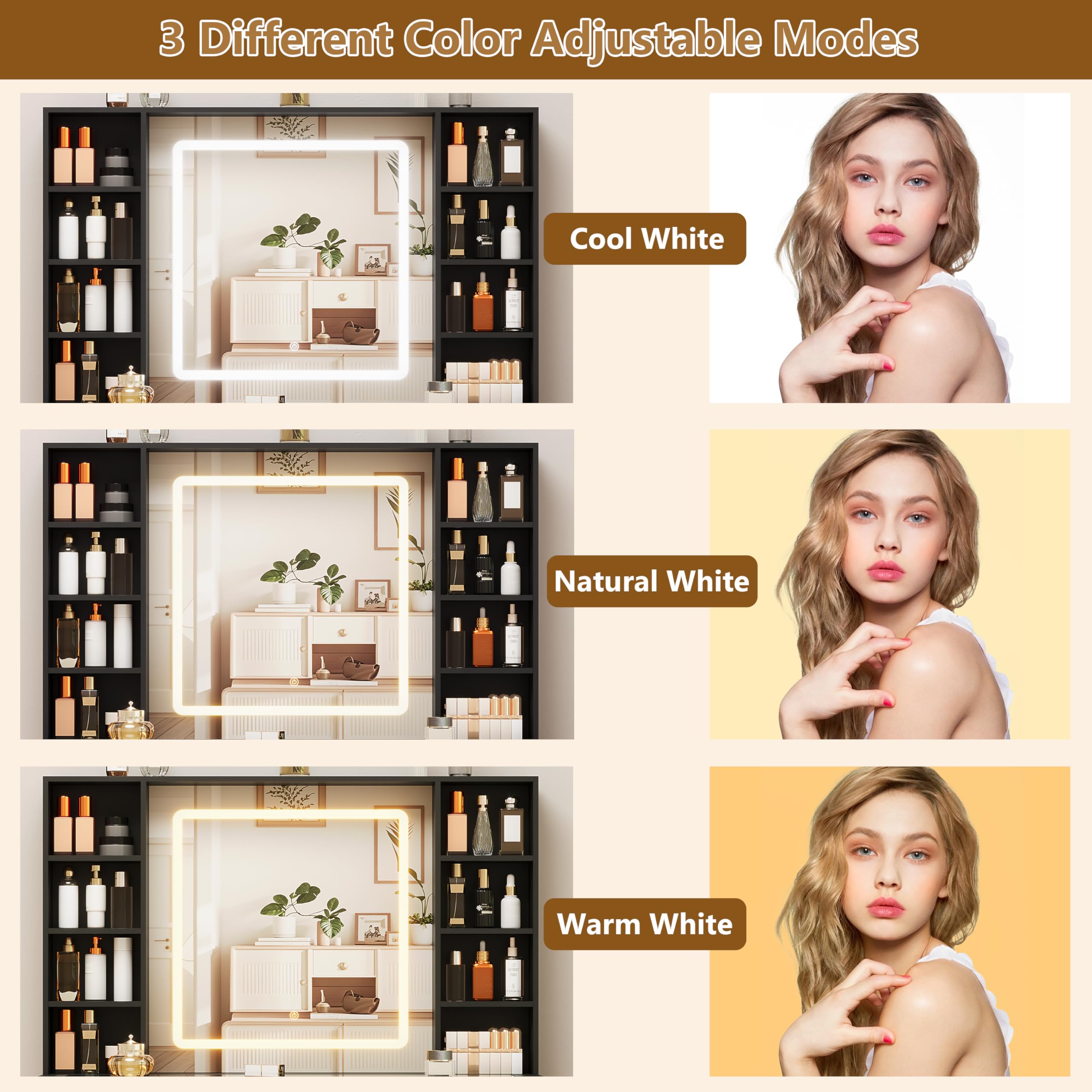 Black vanity desk – mirror light color modes: warm, natural and cool white (manufacturer image)