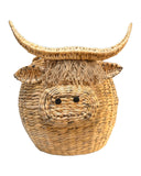 Large woven water hyacinth highland cow / bull storage basket with lid – woven horns, jute fringe bangs, real photo on white