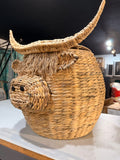 Woven highland cow basket with lid – real photo, side view showing horns, ears, jute bangs and snout