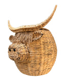 Woven highland cow basket with lid – real side photo on white