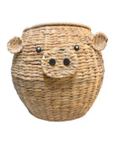 Large woven water hyacinth pig storage basket with lid – woven snout, ears and button eyes, real photo on white