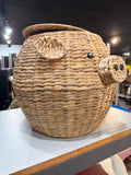 Woven pig basket with lid – real photo, side view showing snout, ear and lid