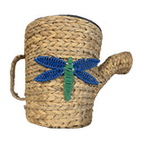 Woven watering can planter, Dragonfly design – blue-and-green wicker dragonfly on the front, real photo on white