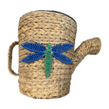 Woven watering can planter, Dragonfly design – close front view of the woven dragonfly, spout and handle, real photo on white