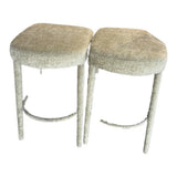 Set of 2 backless upholstered counter height stools in light sage green fabric – real photo of the set, on white