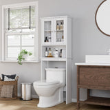 Walsunny white over-the-toilet storage cabinet with glass doors – shown over a toilet (stock photo)